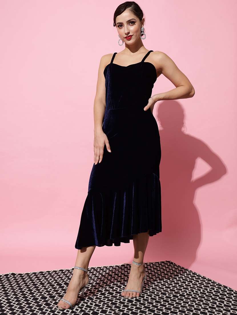 women solid shoulder strap tiered dress