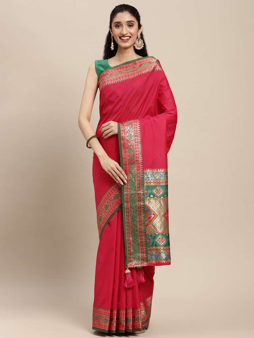 women solid with bordered saree with blouse