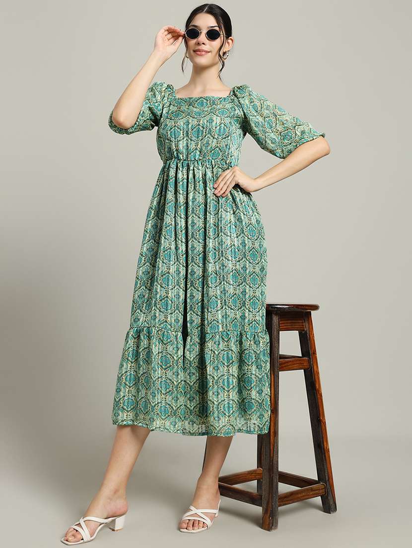 women printed puff sleeve tiered dress