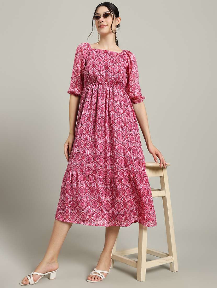 women printed puff sleeve tiered dress