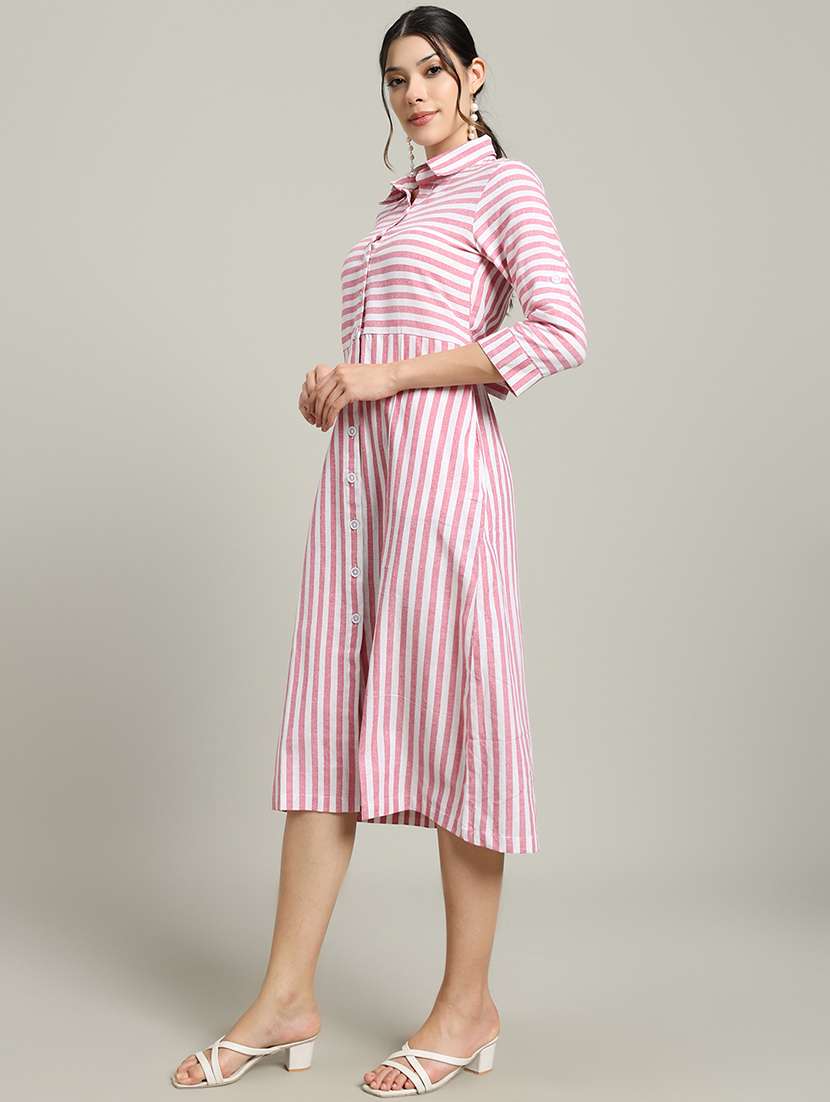 women striped collared three quarter sleeve shirt dress - 22227076 -  Standard Image - 3