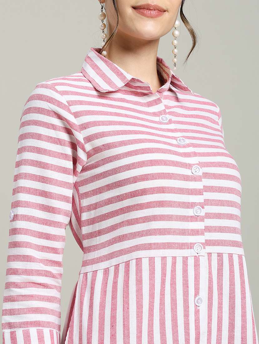women striped collared three quarter sleeve shirt dress - 22227076 -  Standard Image - 5