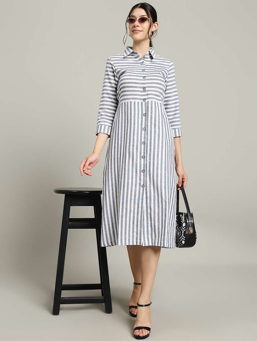 women striped collared three quarter sleeve shirt dress