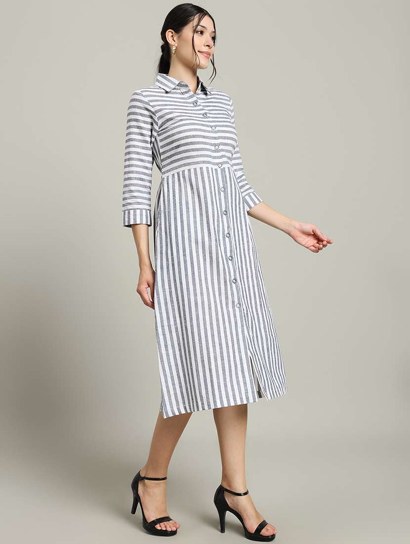 women striped collared three quarter sleeve shirt dress - 22227077 -  Standard Image - 3