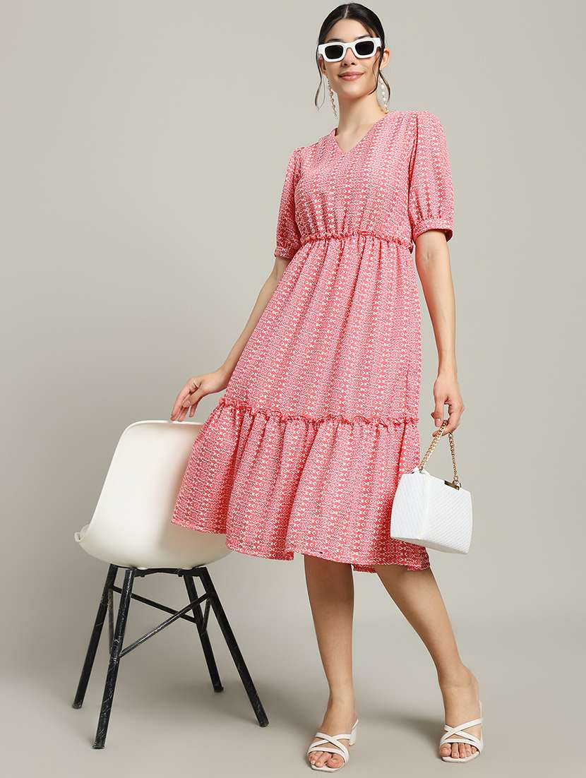 women printed puff sleeve tiered dress