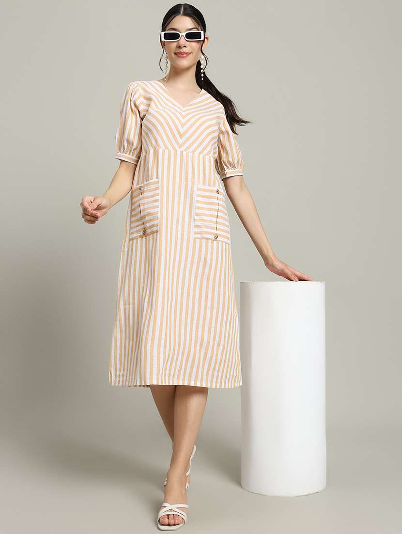 women striped puff sleeve a-line dress