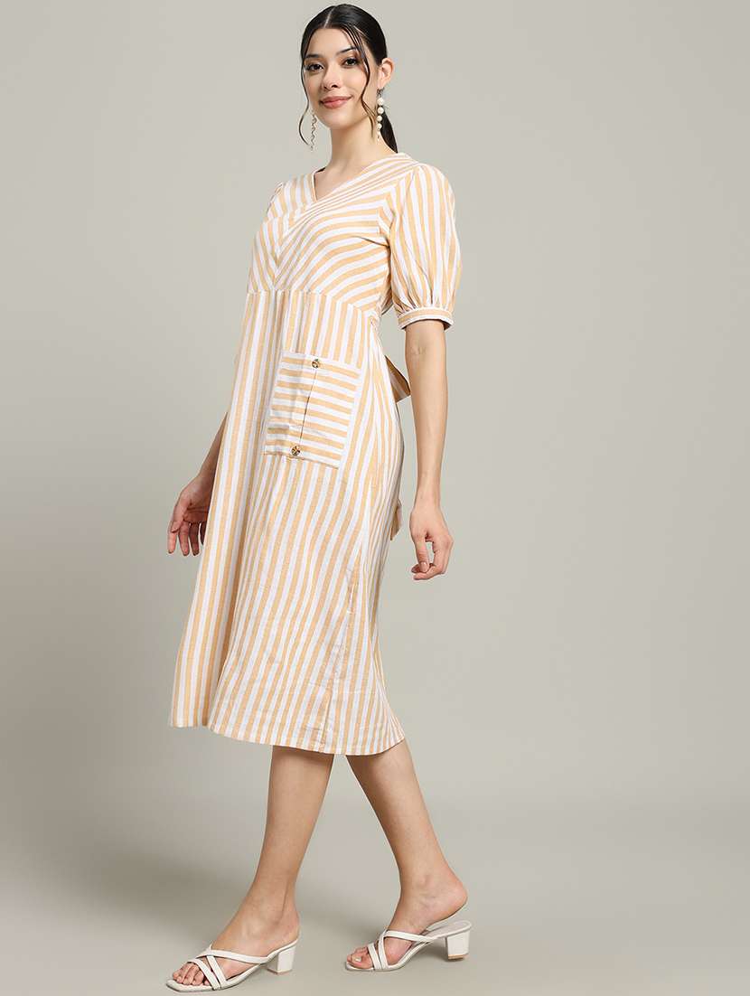 women striped puff sleeve a-line dress - 22227080 -  Standard Image - 3