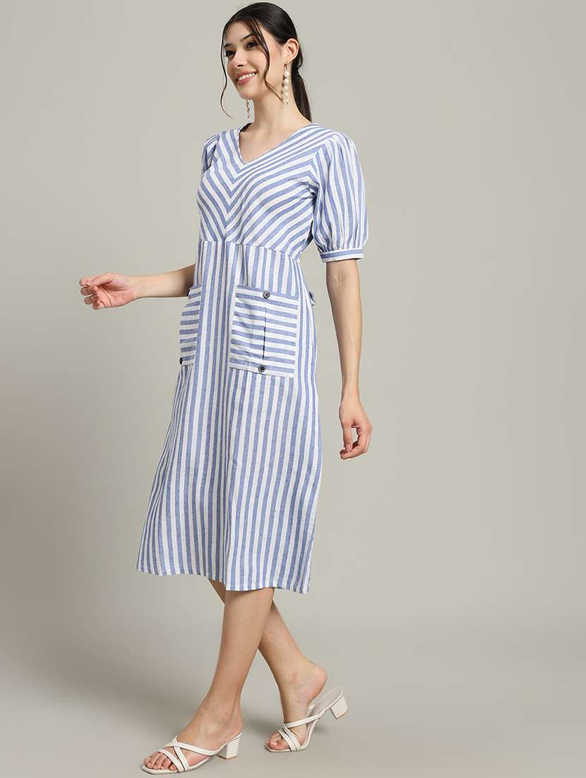 women striped puff sleeve a-line dress - 22227081 -  Standard Image - 3
