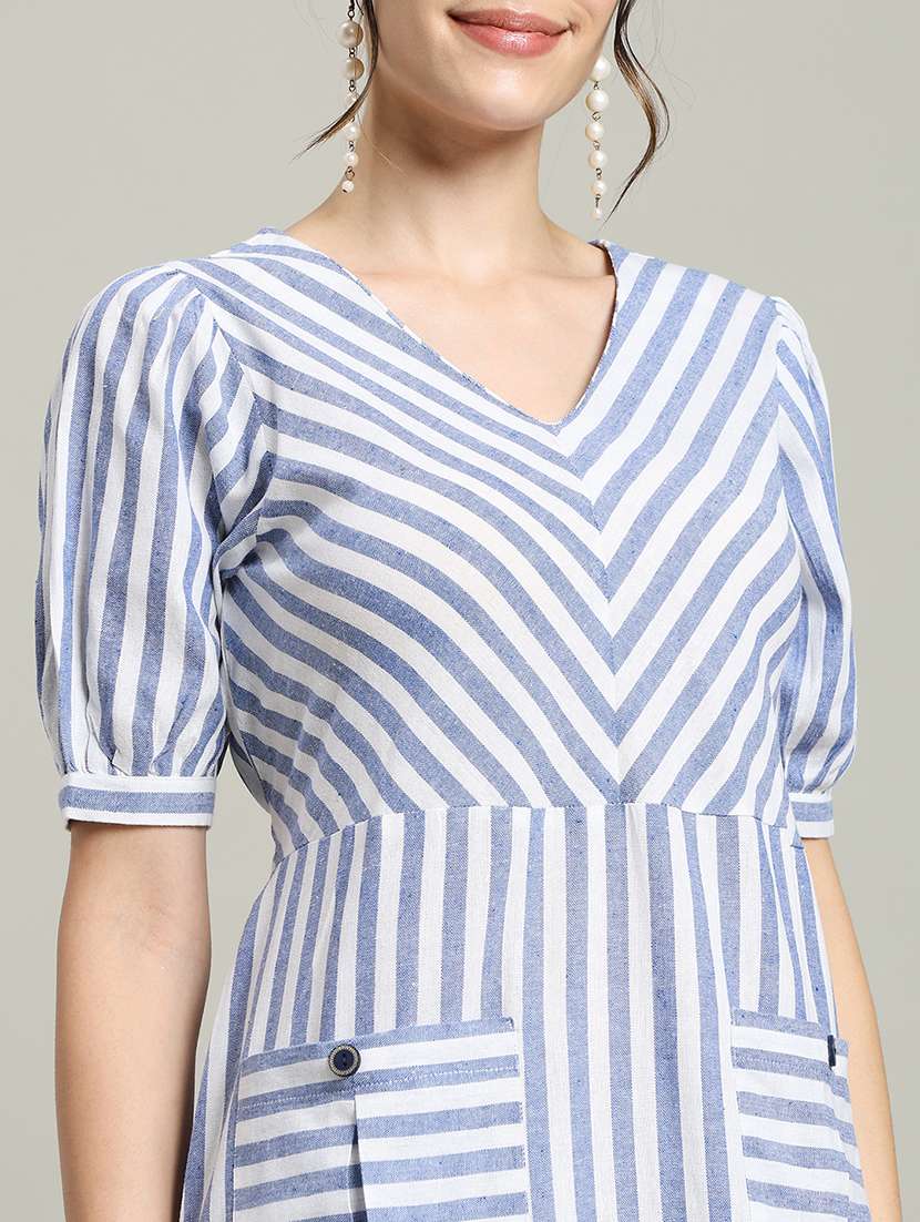 women striped puff sleeve a-line dress - 22227081 -  Standard Image - 5