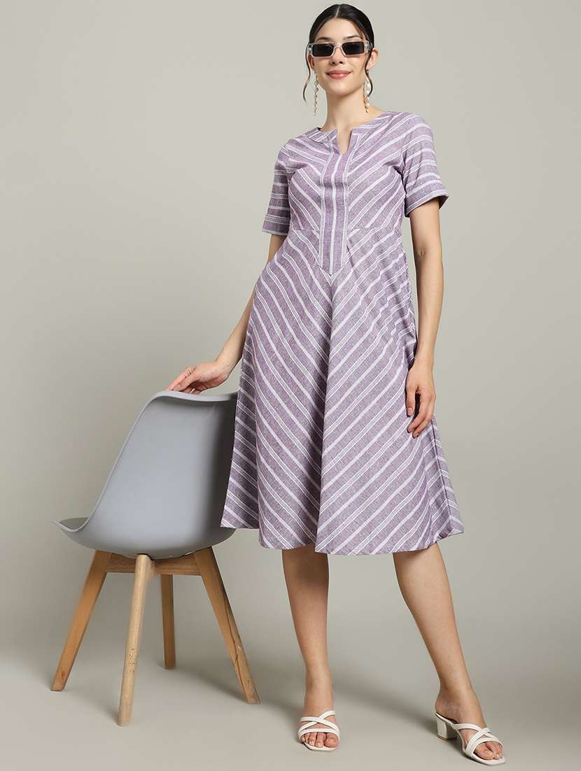 women striped short sleeve a-line dress
