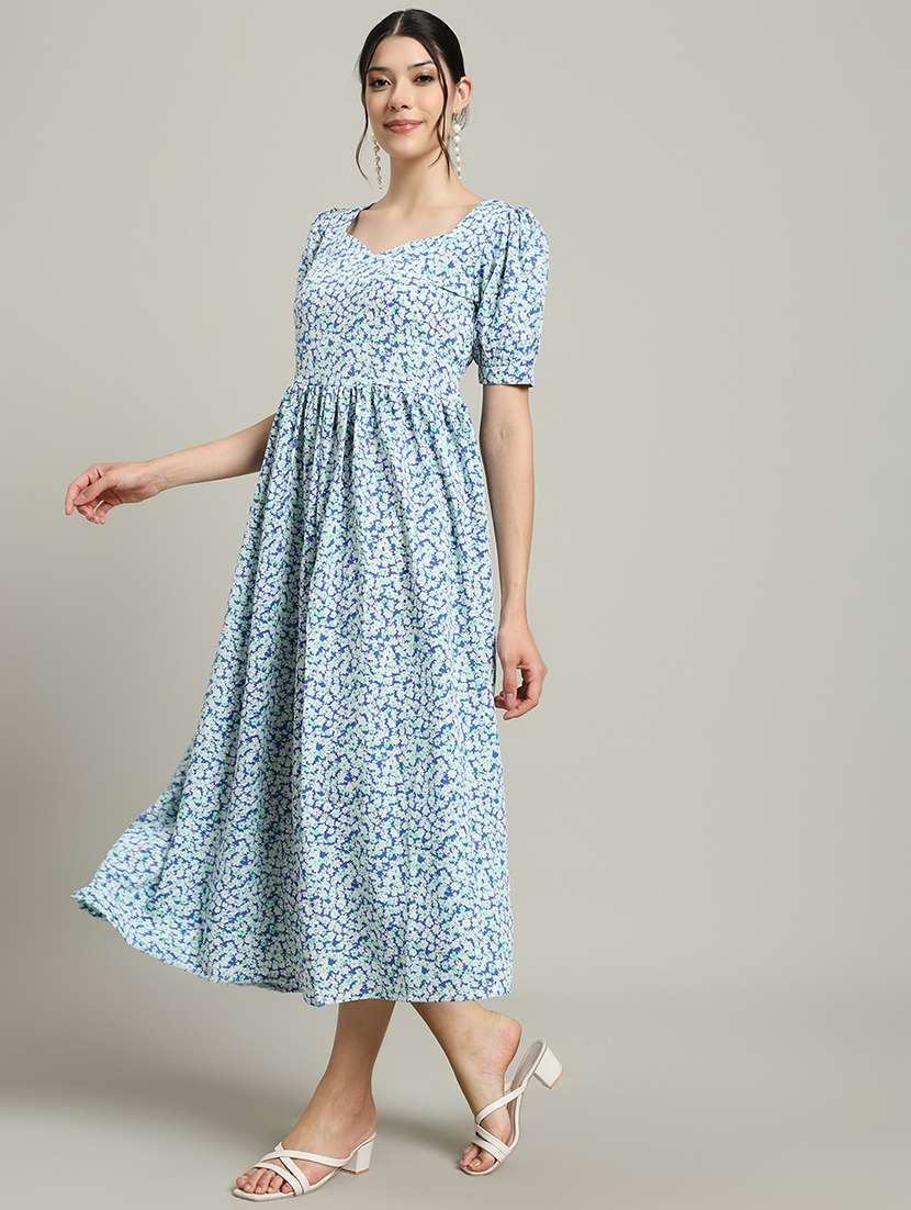 women printed puff sleeve fit & flare dress - 22227083 -  Standard Image - 3