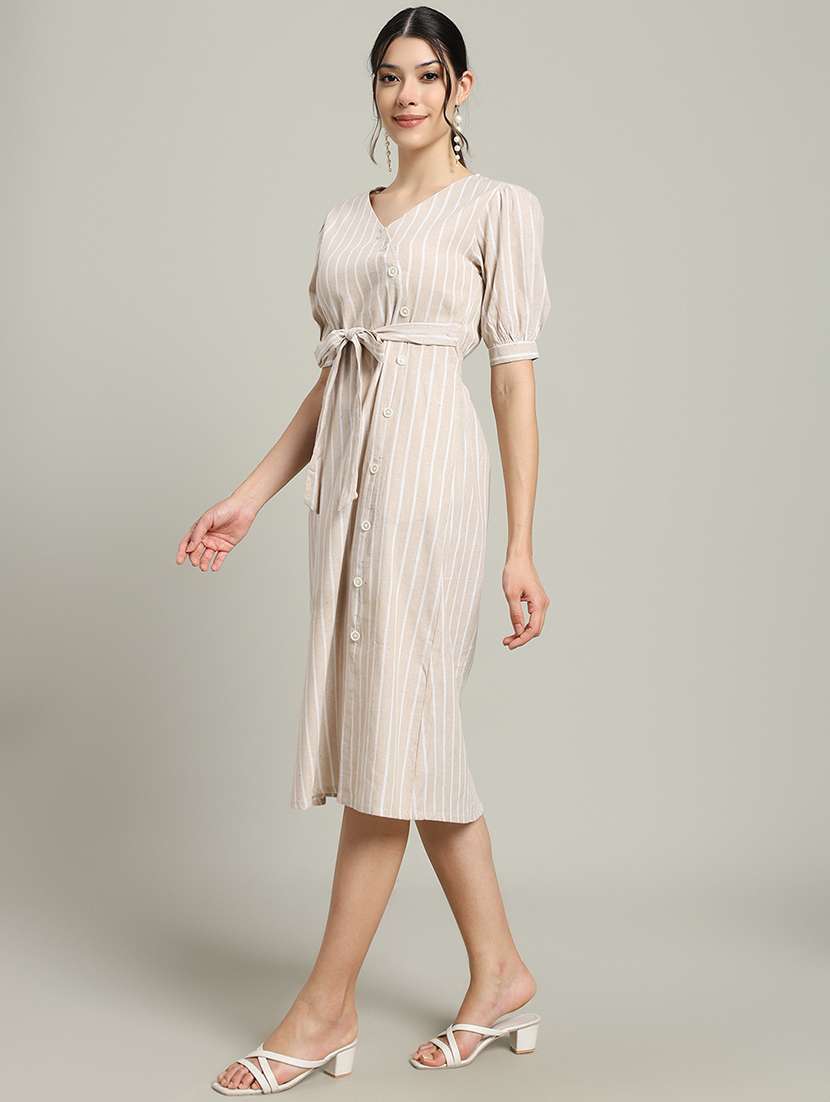 women striped puff sleeve a-line dress - 22227087 -  Standard Image - 3