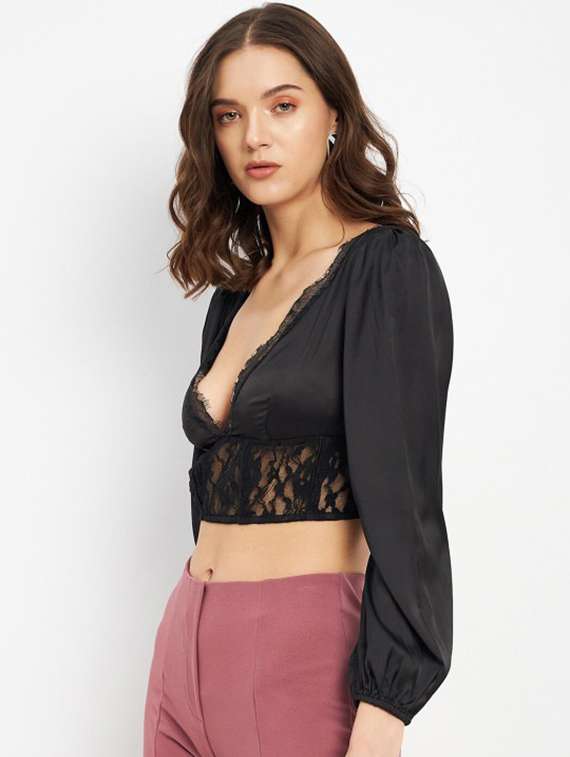 women solid puff sleeve lace detailed crop top - 22227095 -  Standard Image - 3