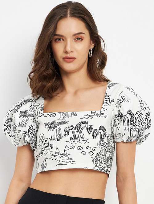 women printed puff sleeve crop top - 22227096 -  Standard Image - 0