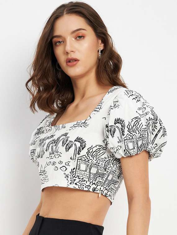 women printed puff sleeve crop top - 22227096 -  Standard Image - 3