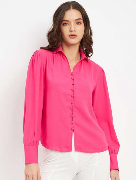 women solid collared puff sleeve shirt top