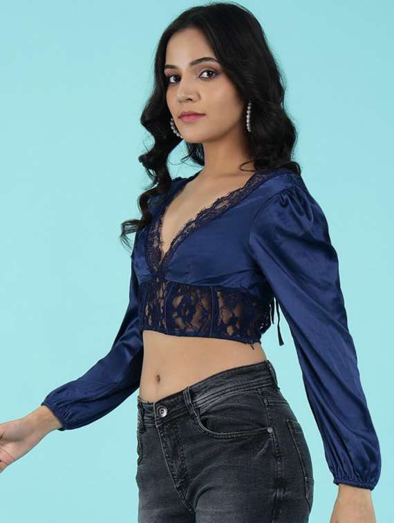 women solid puff sleeve lace detailed crop top - 22227099 -  Standard Image - 3