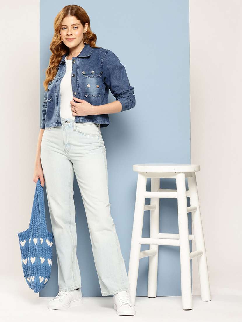 women solid collared long sleeve denim jacket - 22227134 -  Standard Image - 3