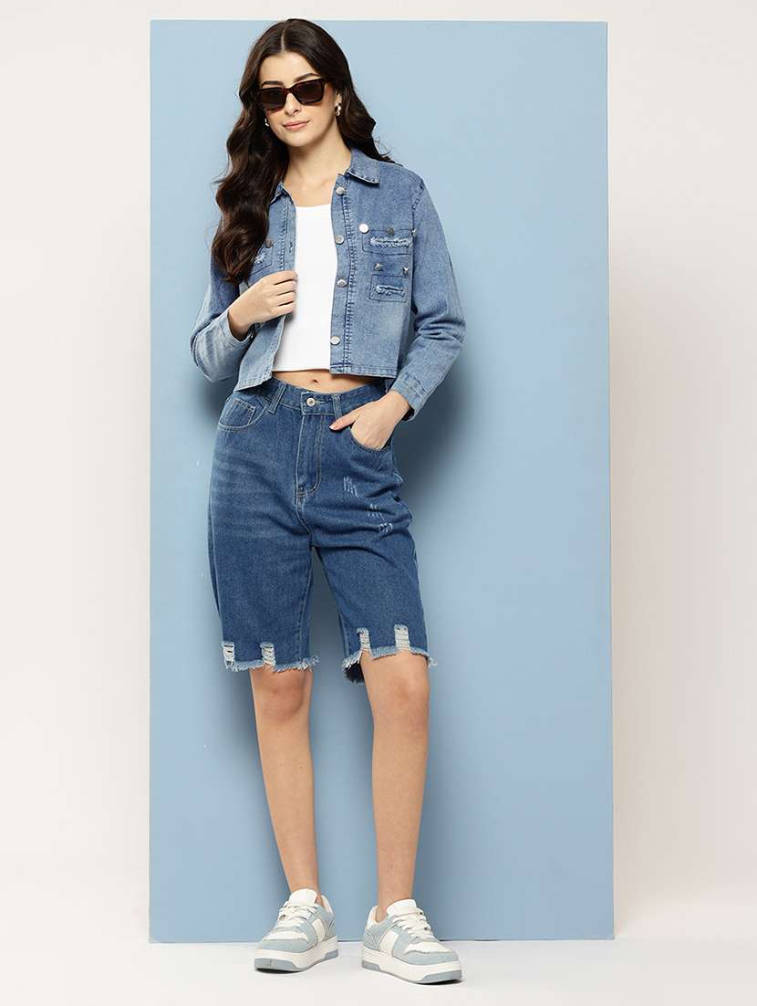 women solid collared long sleeve denim jacket - 22227135 -  Standard Image - 3