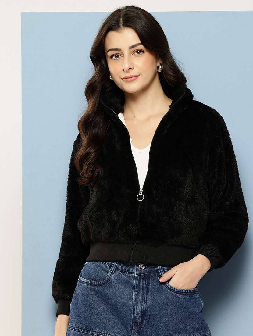 women solid stand collar long sleeve fur jacket 