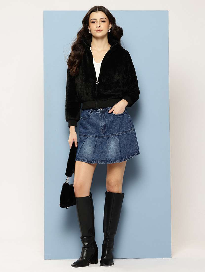 women solid stand collar long sleeve fur jacket  - 22227136 -  Standard Image - 3