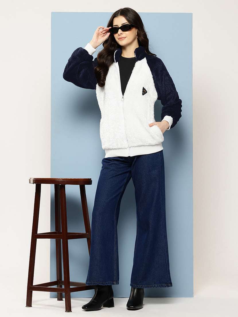 women color blocked stand collar long sleeve fur jacket - 22227137 -  Standard Image - 3