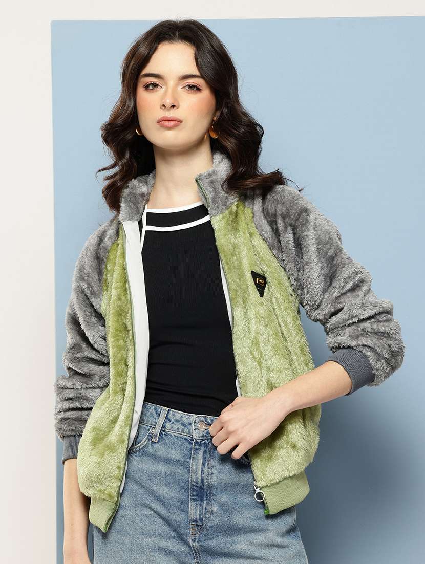 women color blocked long sleeve fur jacket