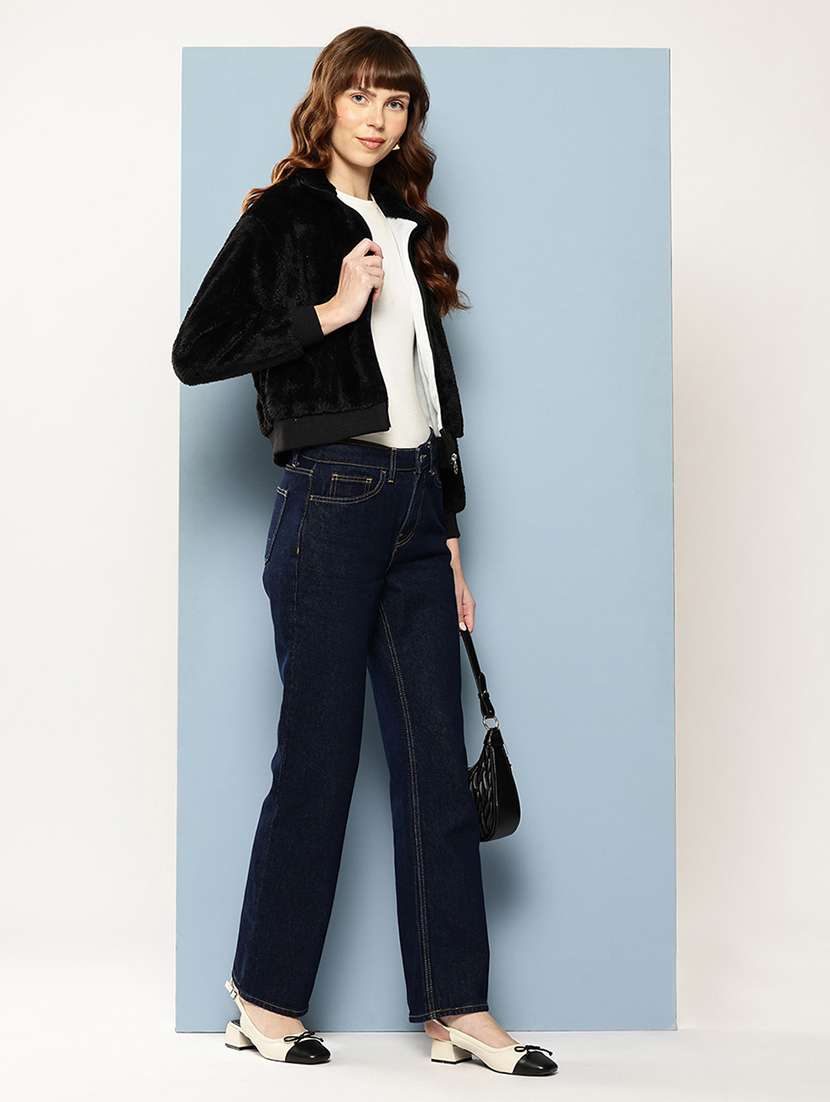 women solid stand collar long sleeve faux fur jacket - 22227139 -  Standard Image - 3