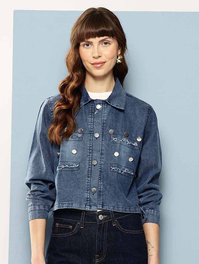 women solid collared long sleeve denim jacket