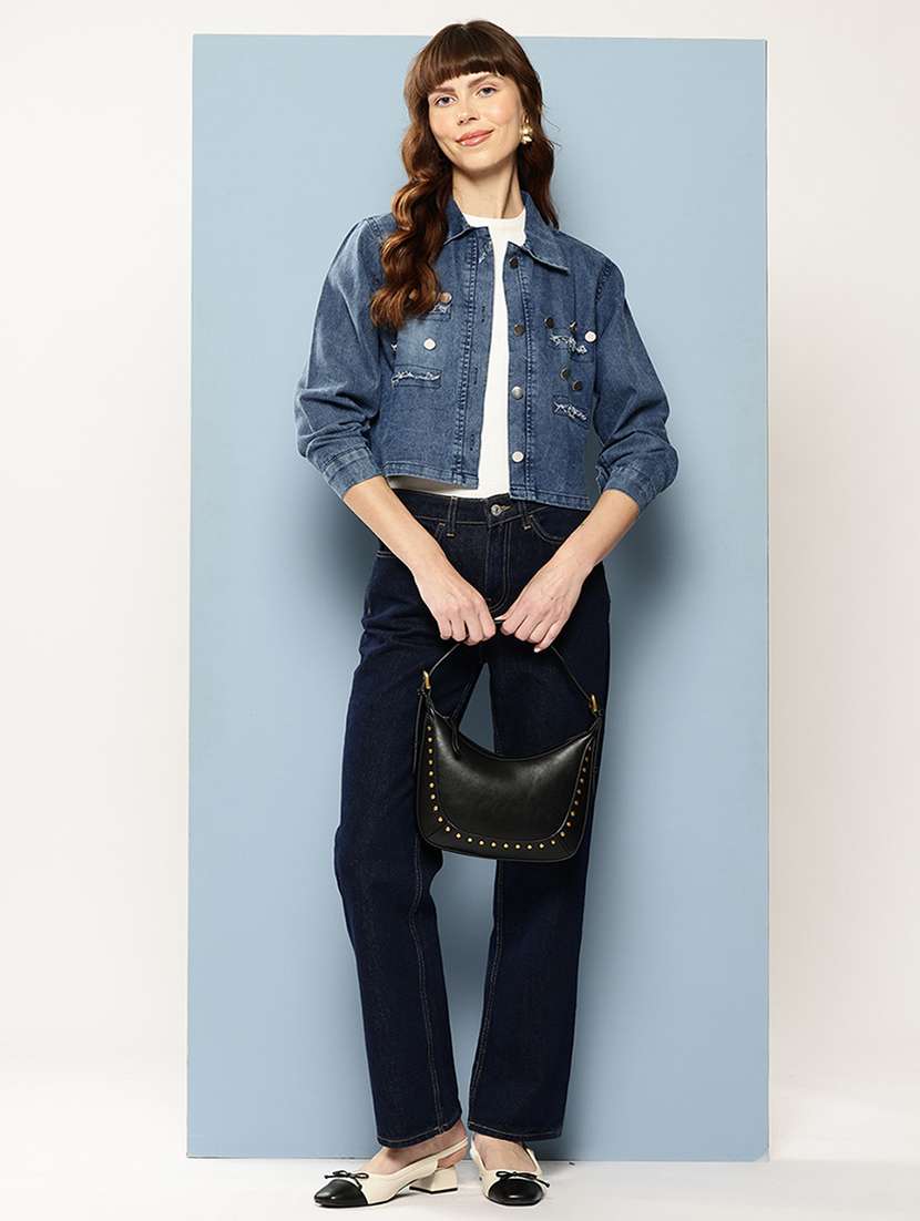 women solid collared long sleeve denim jacket - 22227141 -  Standard Image - 3