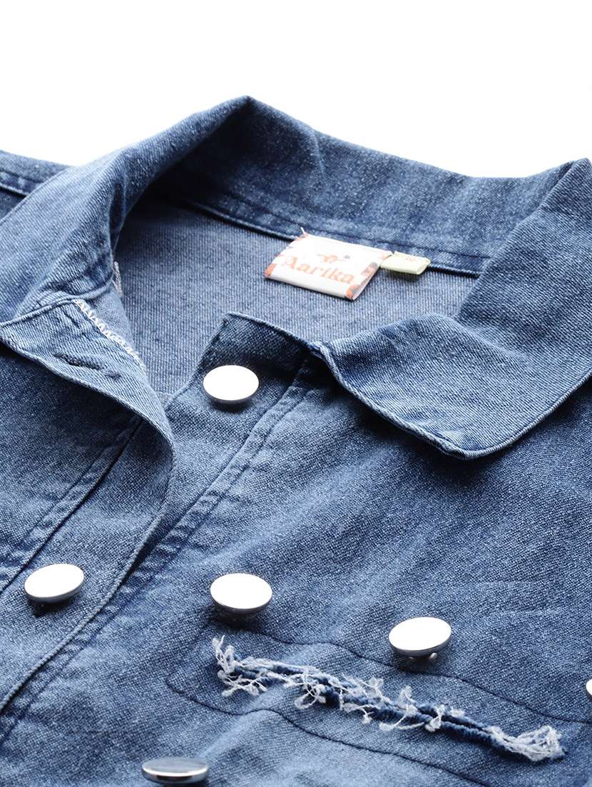 women solid collared long sleeve denim jacket - 22227141 -  Standard Image - 5