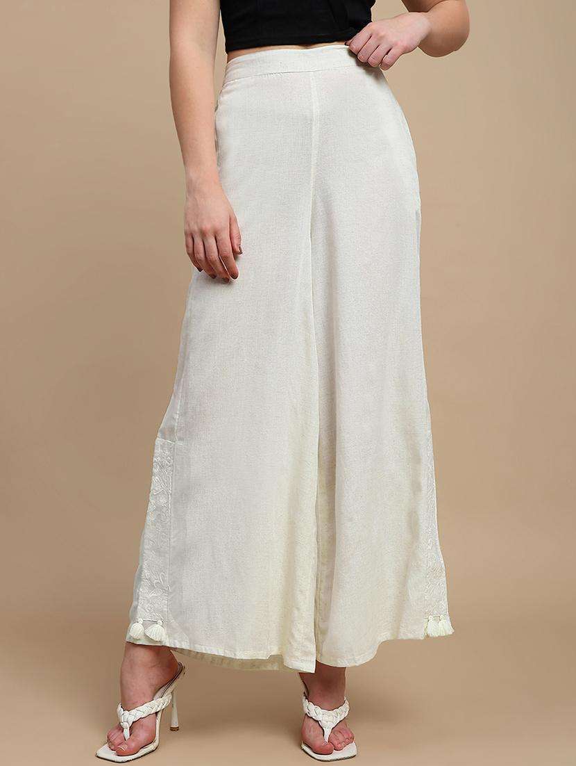 women solid mid rise flared palazzo