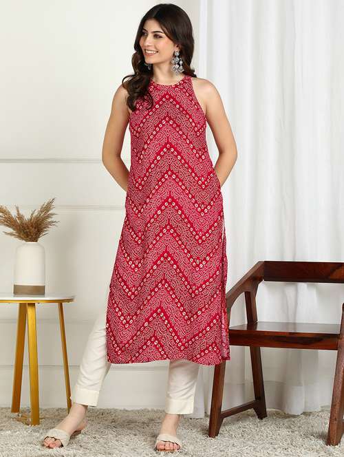 women bandhani printed sleeveless stright kurta - 22227434 -  Standard Image - 0