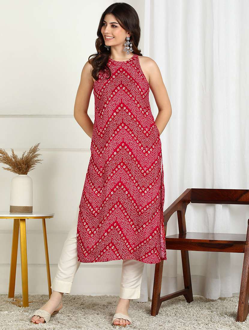 women bandhani printed sleeveless stright kurta