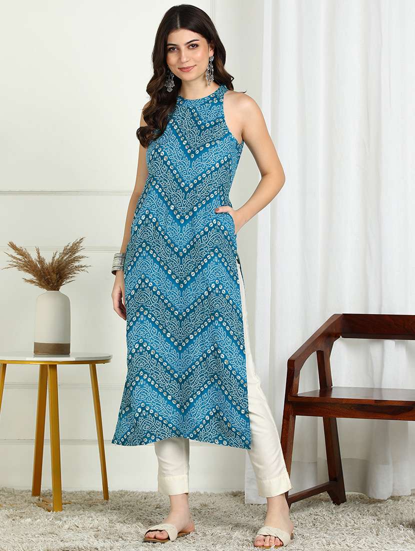 women bandhani printed sleeveless stright kurta