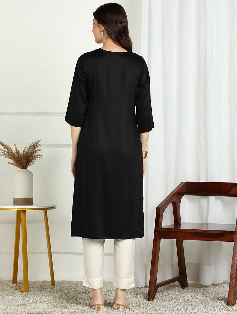 women solid with work three quarter sleeve straight kurta - 22227436 -  Standard Image - 3