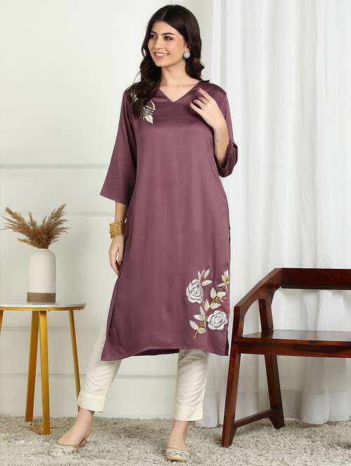 women solid with work three quarter sleeve straight kurta - 22227437 -  Standard Image - 0