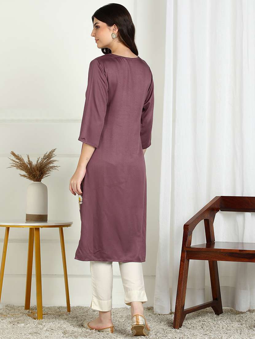 women solid with work three quarter sleeve straight kurta - 22227437 -  Standard Image - 3