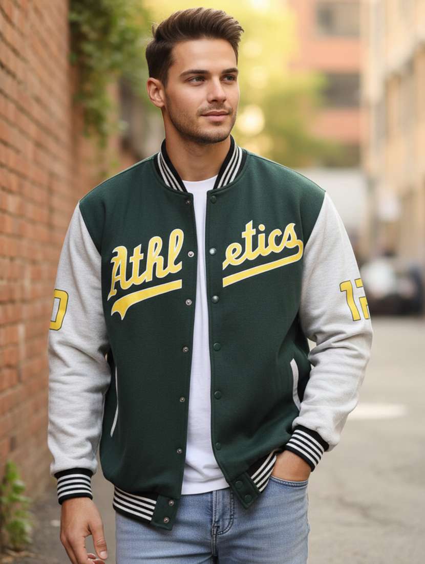 men color block henley neck varsity jacket
