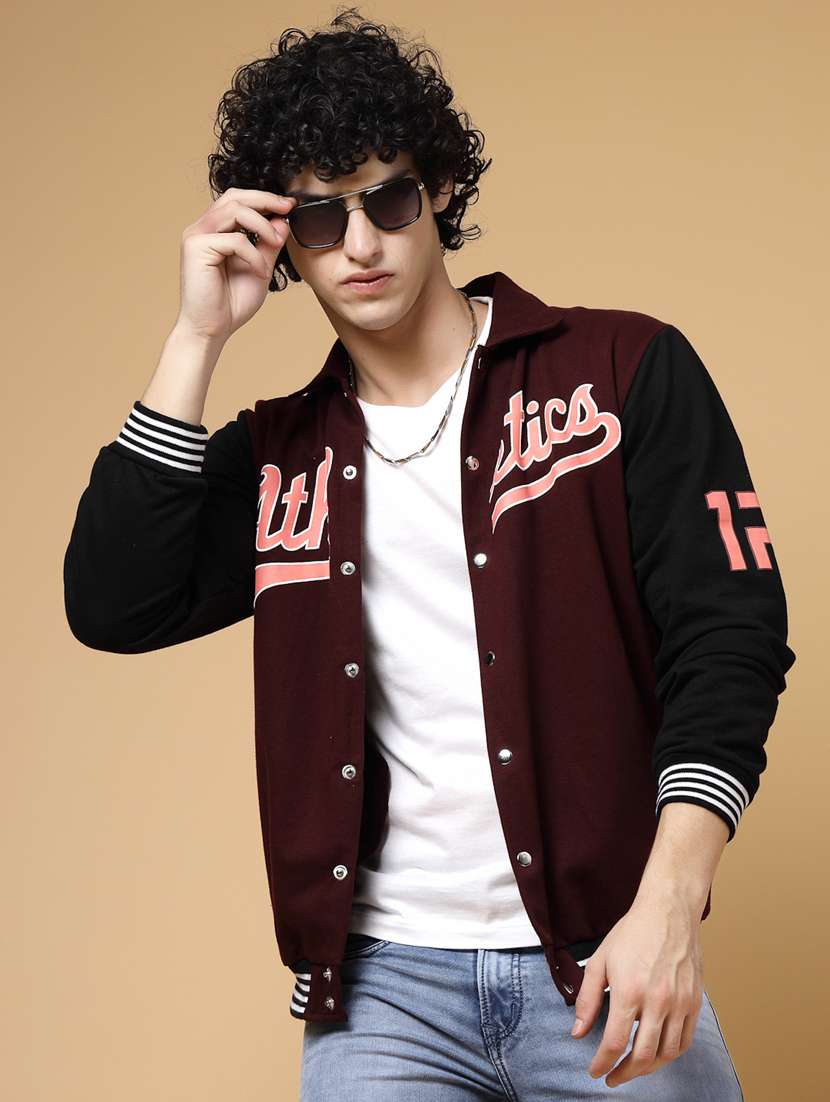 men color block henley neck varsity jacket