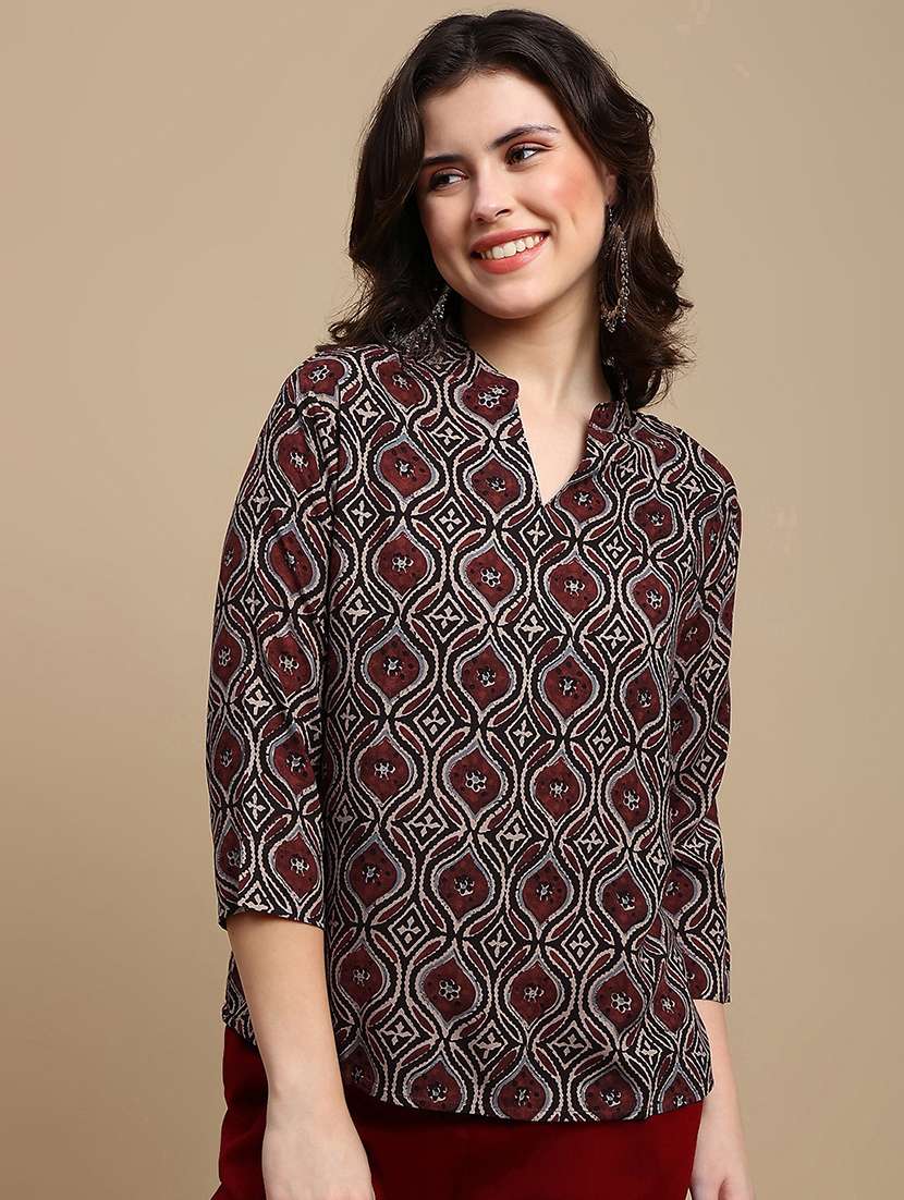 women printed three quarter sleeve a-line ethnic top