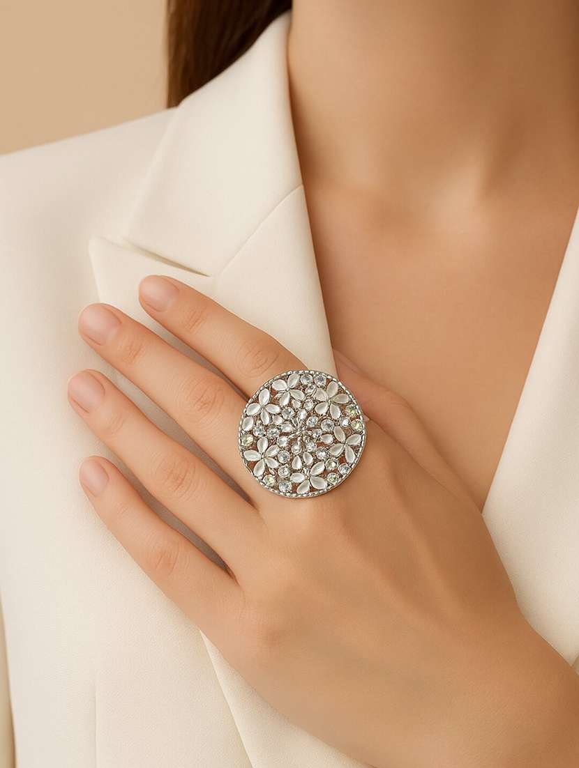 floral mirror work adjustable statement silver ring for women