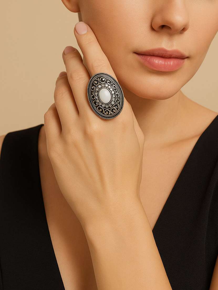 silver plated statement ring with mirror center & intricate filigree design