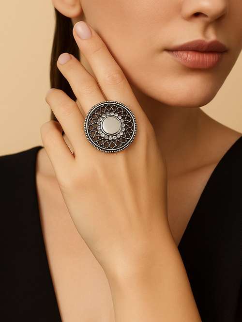 silver-toned statement round ring with mirror detailing - 22227589 -  Standard Image - 0