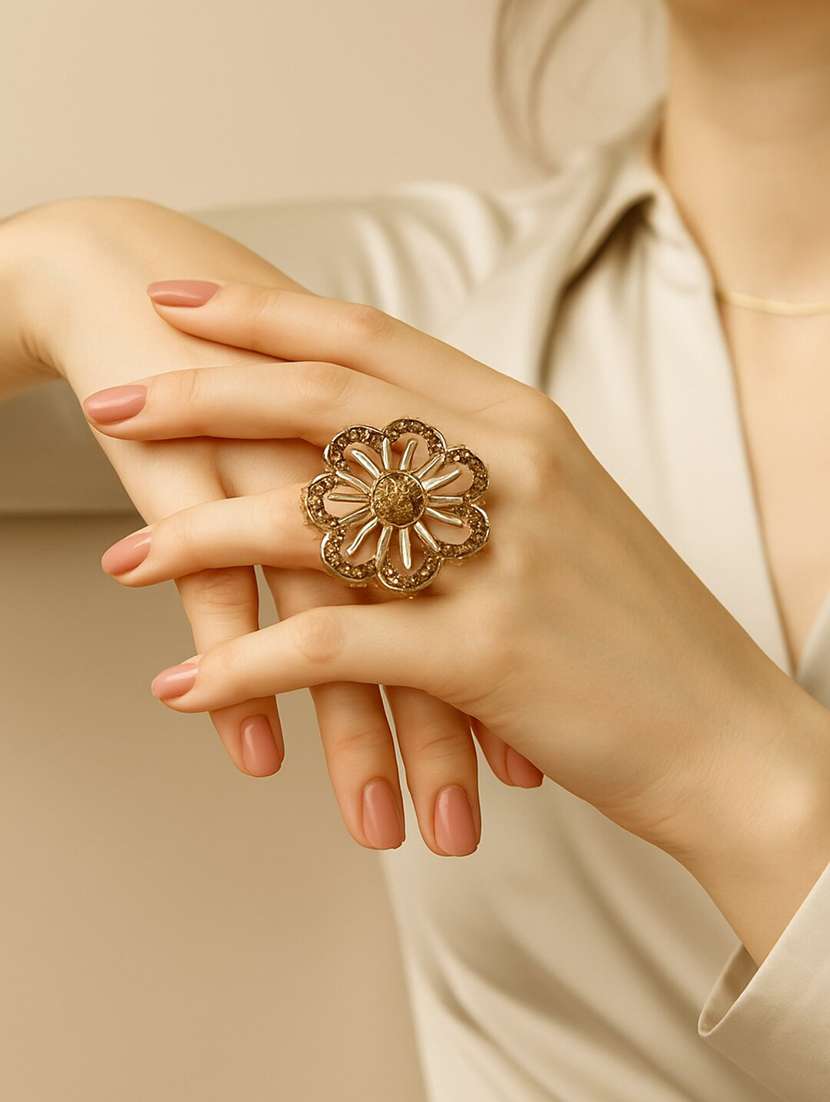 women golden statement adjustable floral ring