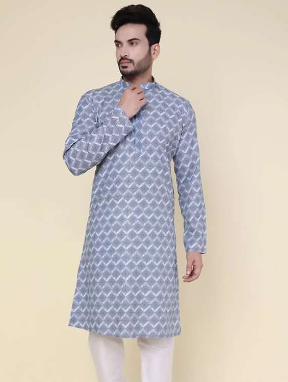 men geometric mandarin neck long kurta