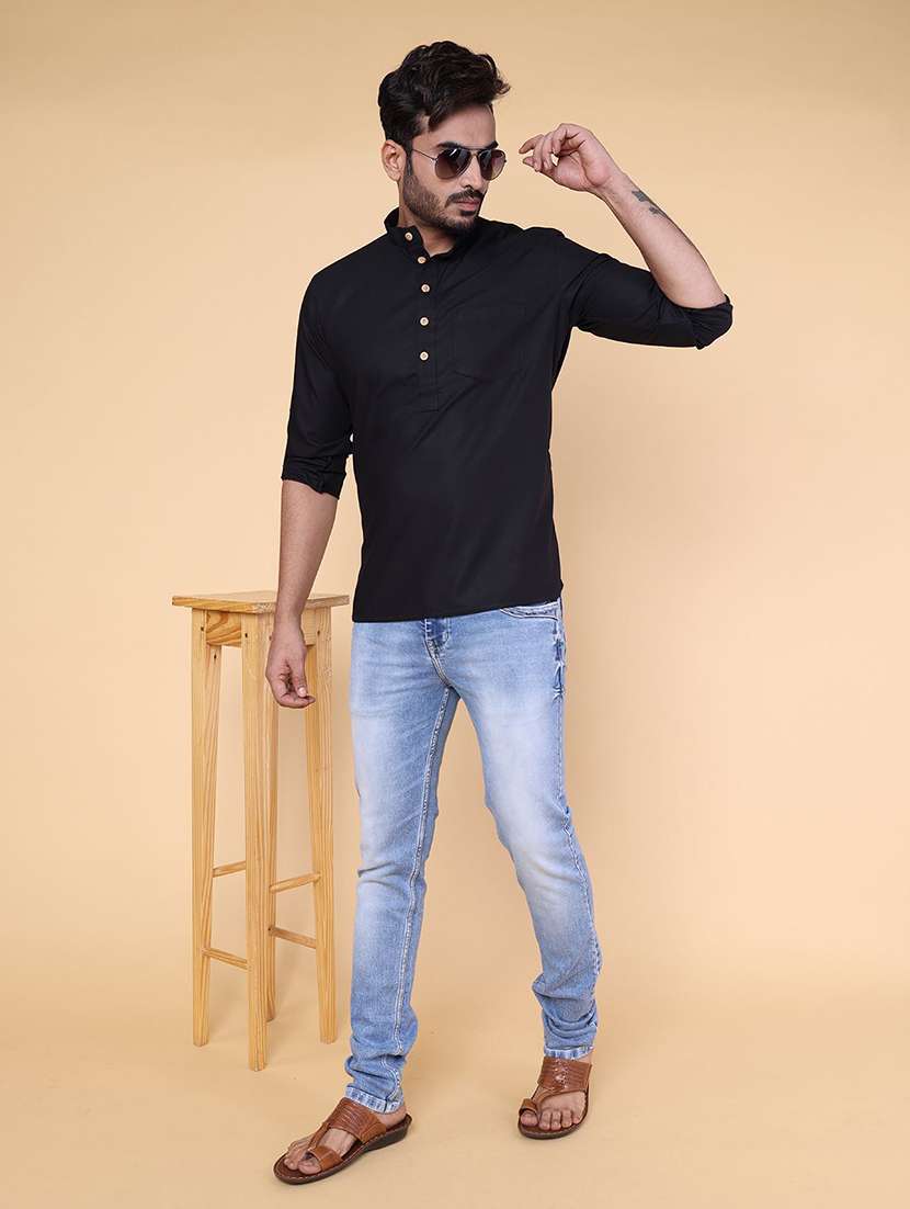 men solid mandarin neck short kurta - 22227778 -  Standard Image - 3