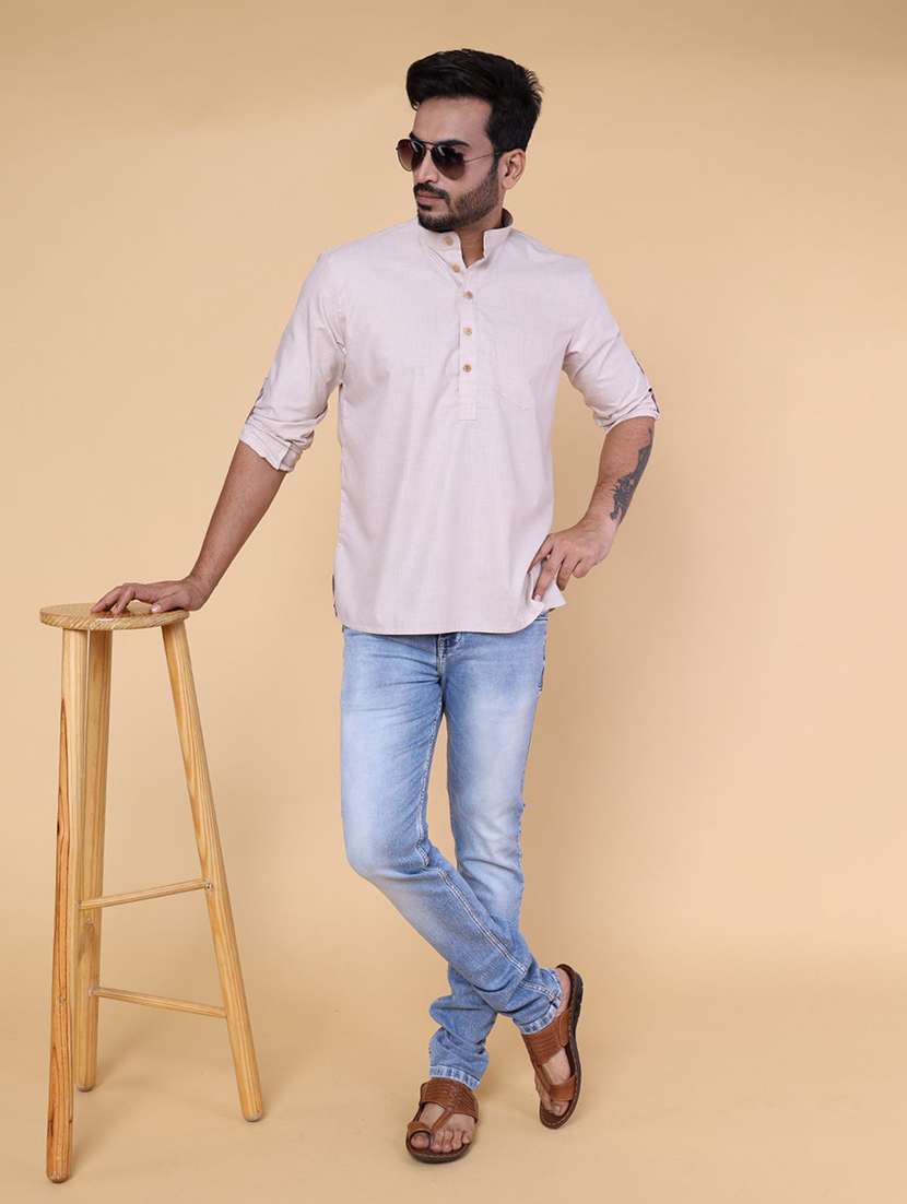 men solid mandarin neck short kurta - 22227780 -  Standard Image - 3