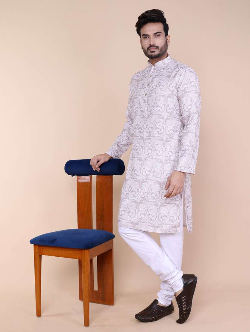 men printed mandarin neck long kurta