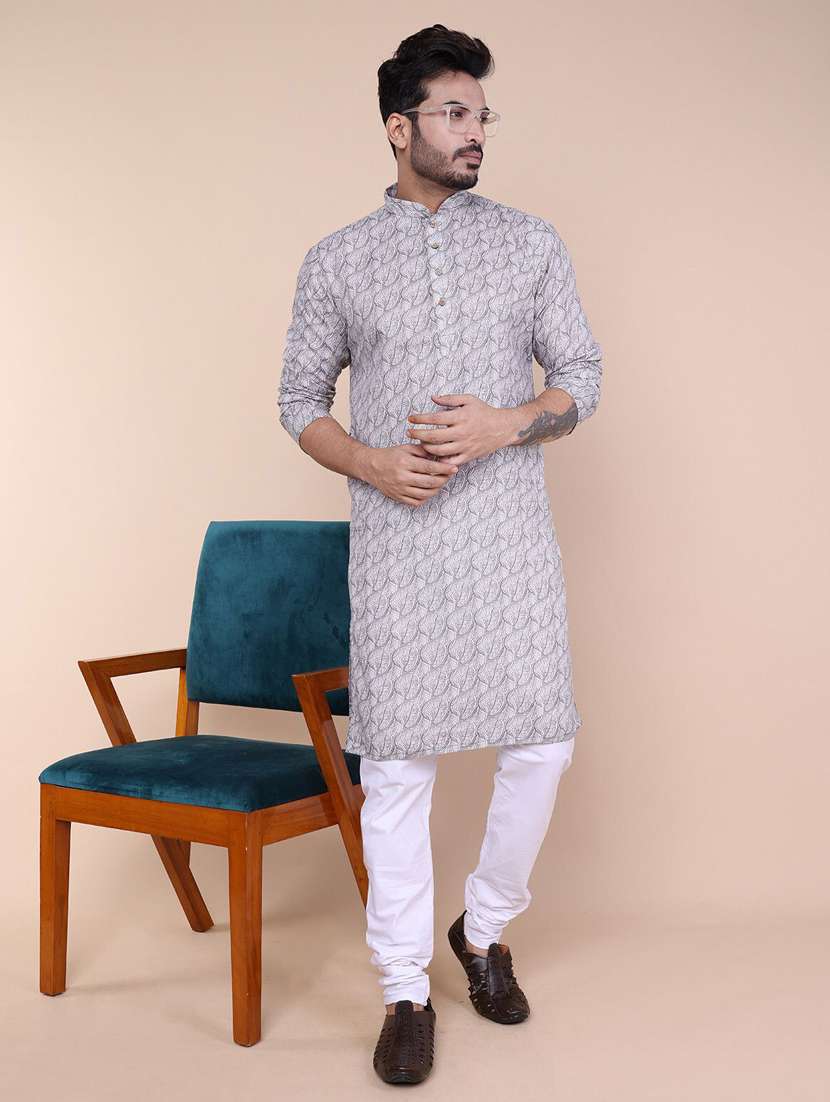 men printed mandarin neck long kurta